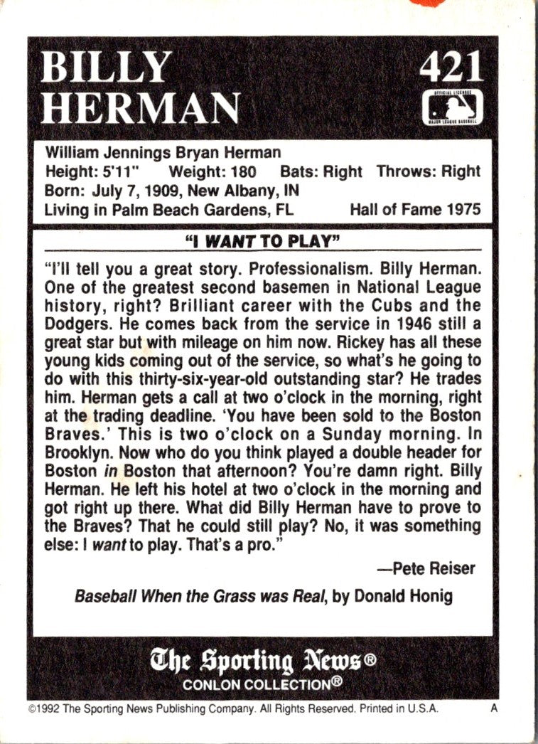 1992 Conlon Collection TSN Billy Herman