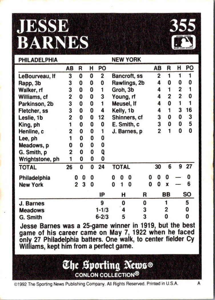 1992 Conlon Collection TSN Jesse Barnes