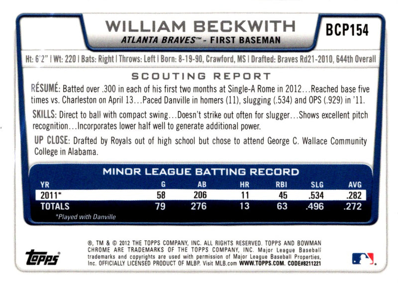 2012 Bowman Chrome Prospects William Beckwith