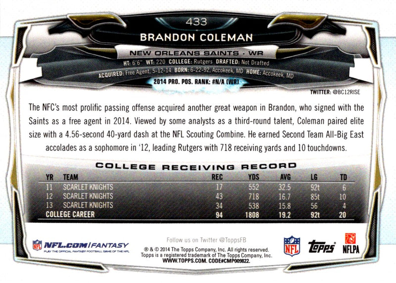 2014 Topps Brandon Coleman