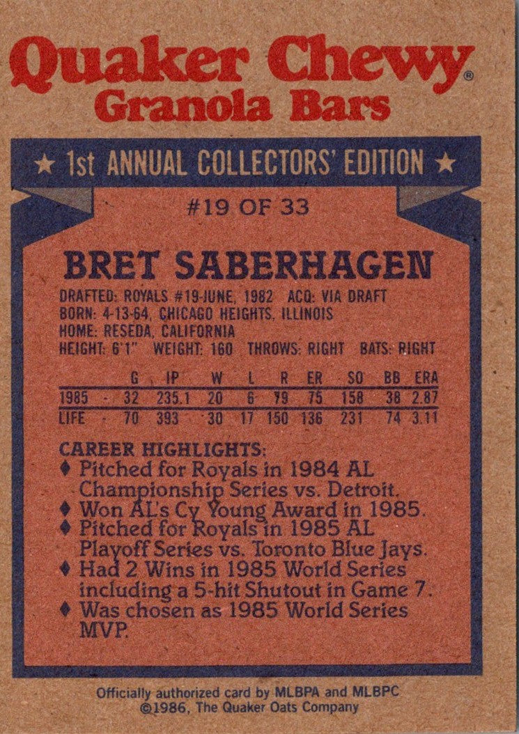 1986 Topps Quaker Granola Bret Saberhagen