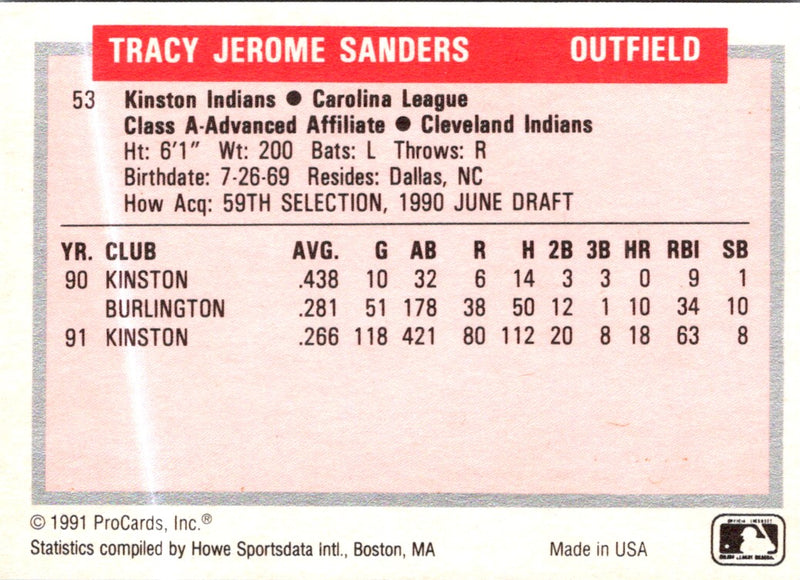 1991 ProCards Tomorrow's Heroes Tracy Sanders
