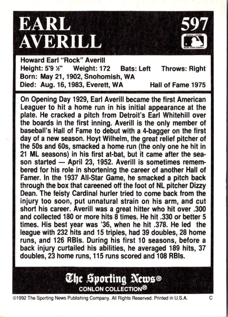 1992 Conlon Collection TSN Earl Averill