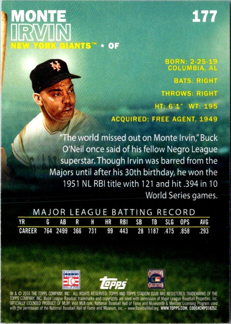 2016 Stadium Club Monte Irvin