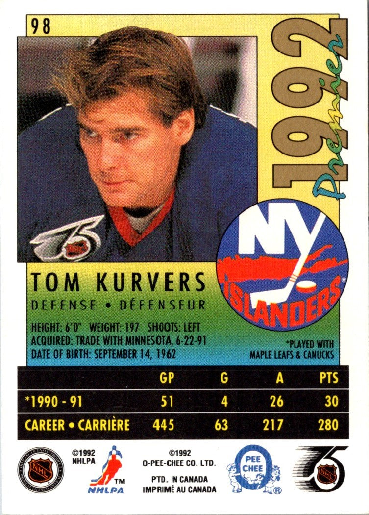 1991 O-Pee-Chee Premier Tom Kurvers