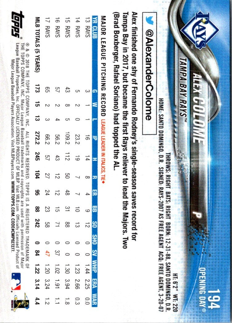 2018 Topps Opening Day Alex Colome