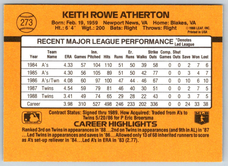 1989 Donruss Keith Atherton