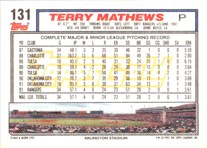 1992 Topps Gold Winners Terry Mathews