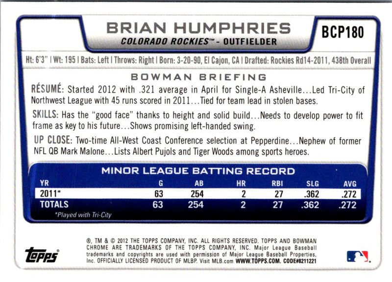 2012 Bowman Chrome Prospects Brian Humphries