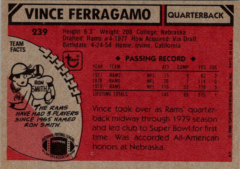 Vince Ferragamo 1980 Topps #239 Los Angeles Rams