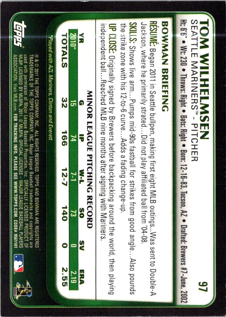 2011 Bowman Draft Picks & Prospects Tom Wilhelmsen