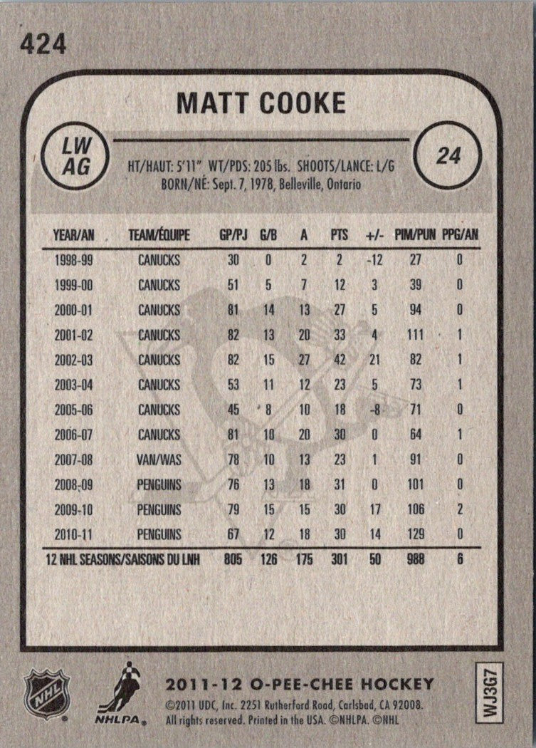 2011 O-Pee-Chee Matt Cooke