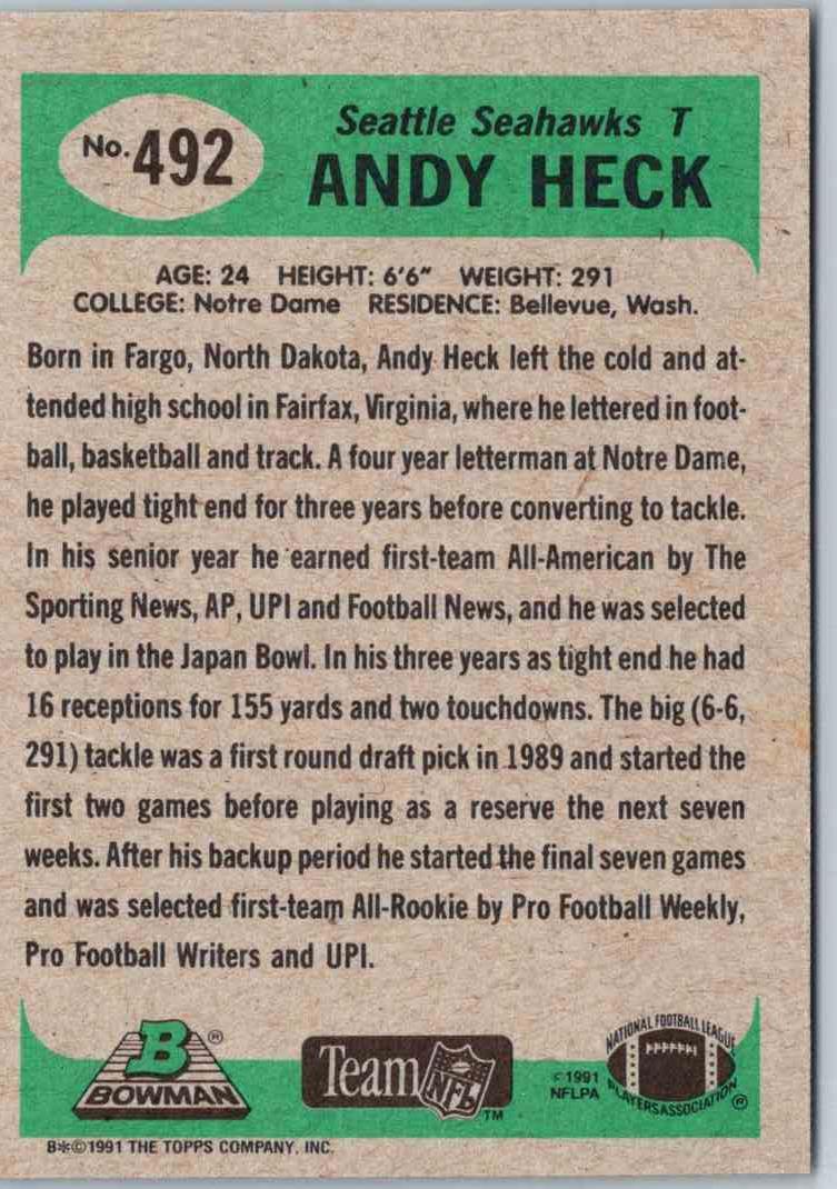 1991 Bowman Football Andy Heck