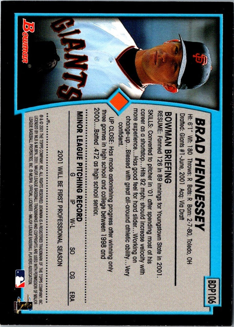 2001 Bowman Draft Picks & Prospects Brad Hennessey