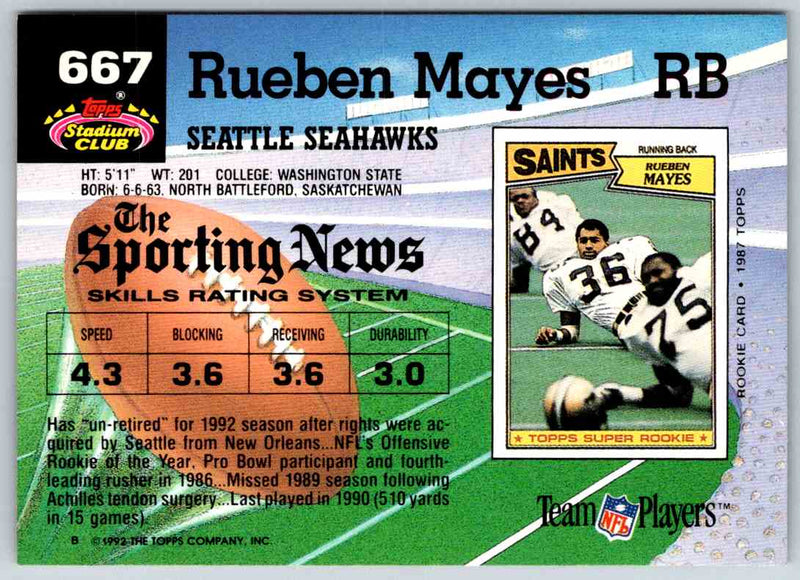 1992 Topps Stadium Club Football Rueben Mayes