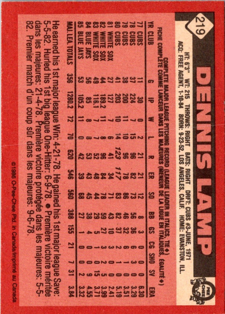 1986 O-Pee-Chee Dennis Lamp