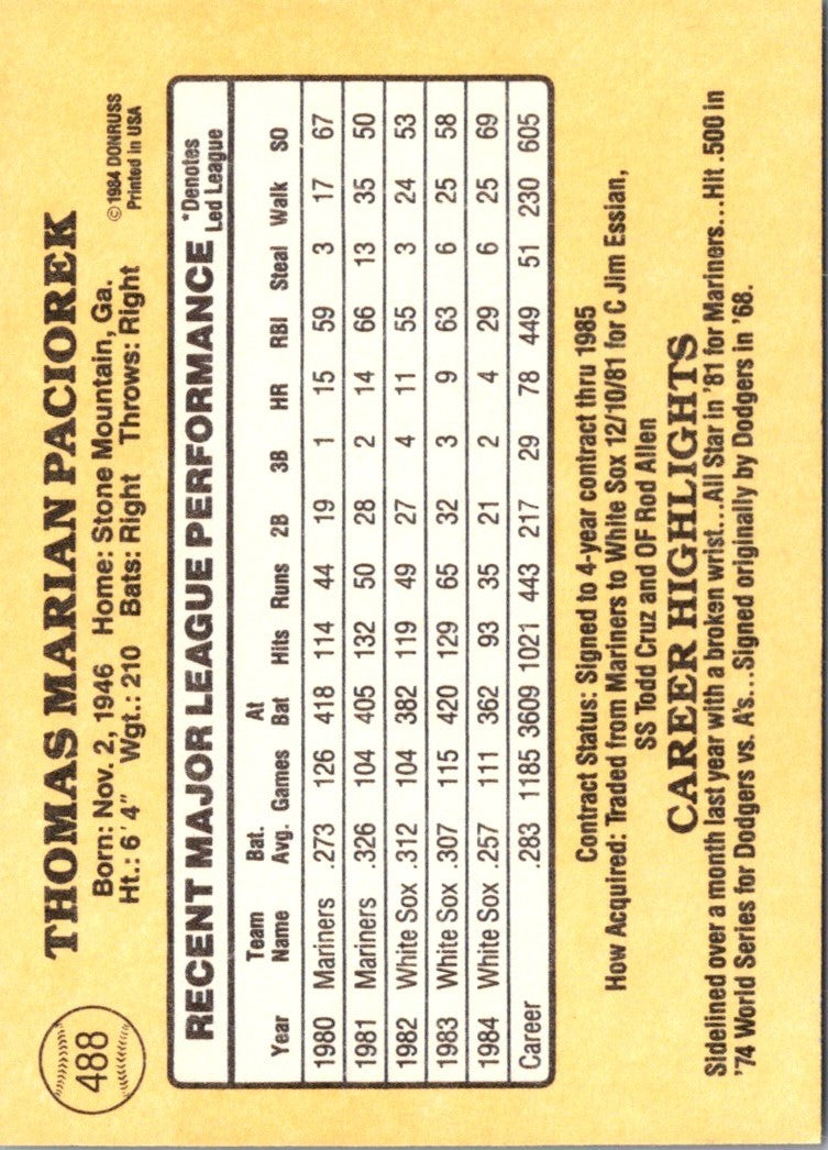 1985 Donruss Tom Paciorek