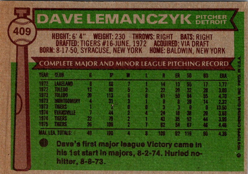 1976 Topps Dave Lemanczyk
