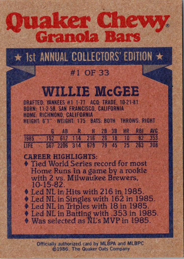 1986 Topps Quaker Granola Willie McGee