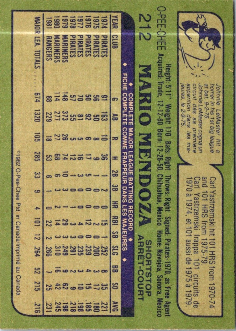 1982 O-Pee-Chee Mario Mendoza