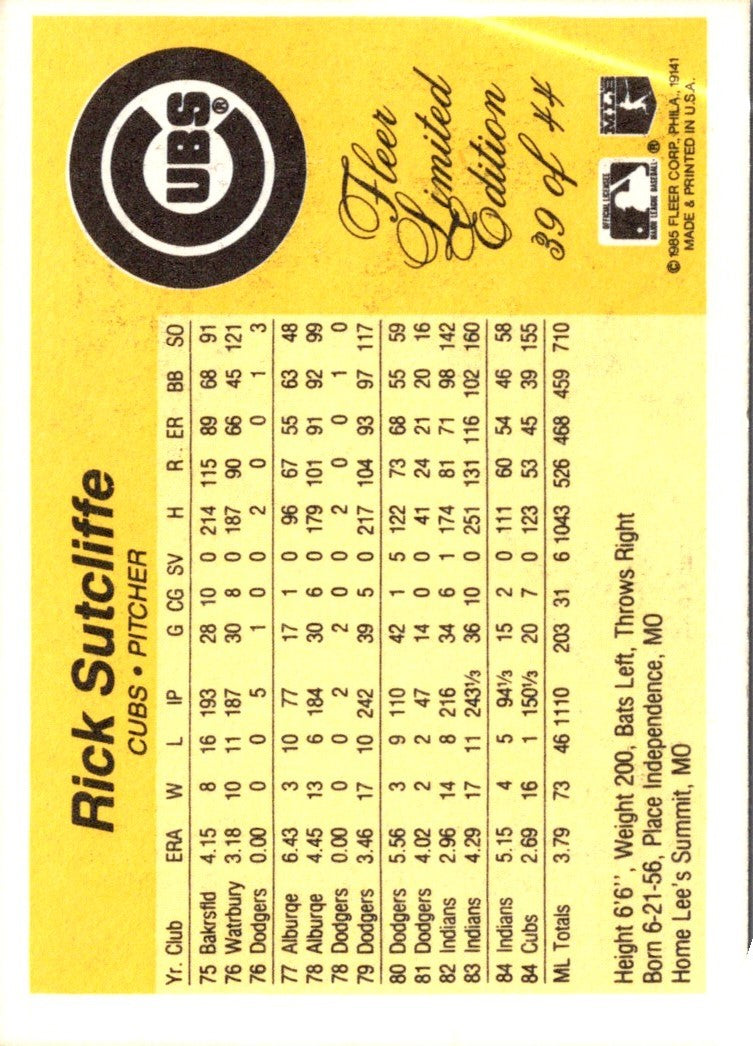 1985 Fleer Limited Edition Rick Sutcliffe