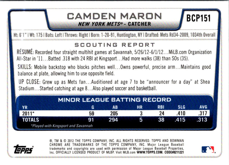 2012 Bowman Chrome Prospects Camden Maron