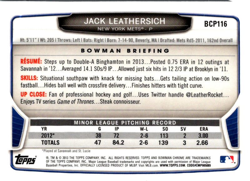 2013 Bowman Chrome Prospects Jack Leathersich