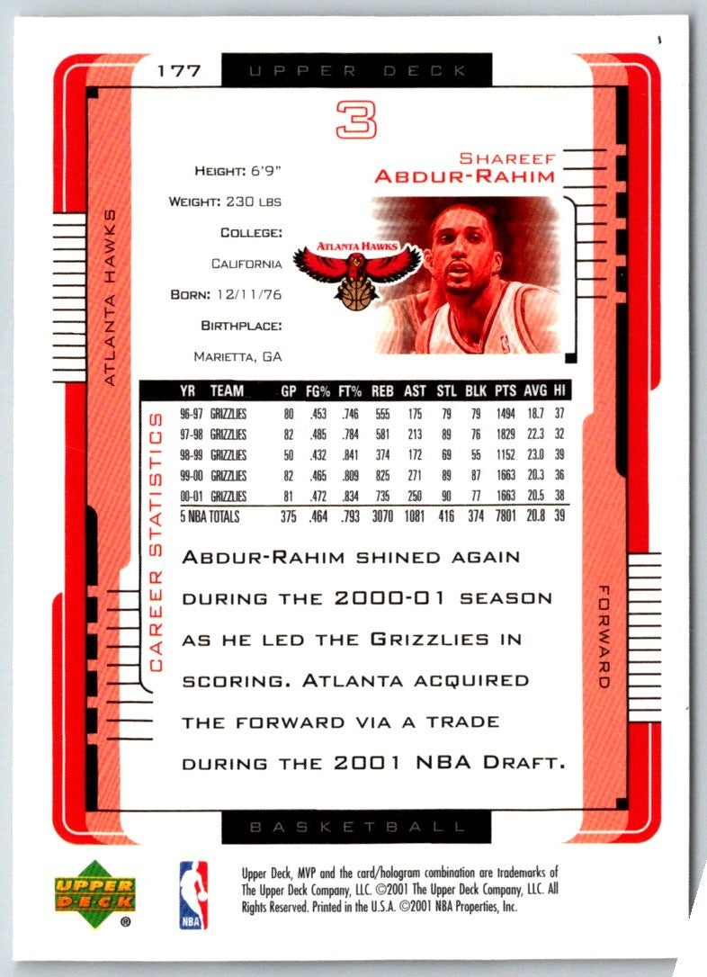 2001 Upper Deck MVP Shareef Abdur-Rahim