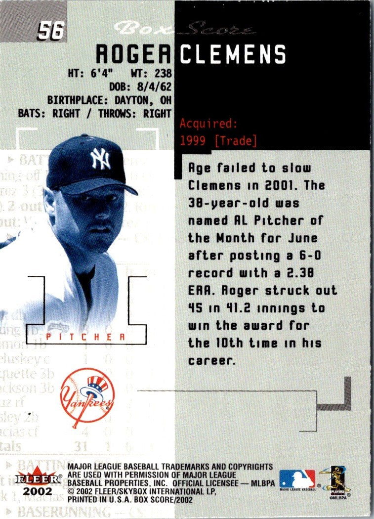 2002 Fleer Box Score Roger Clemens