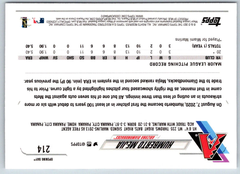 2021 Topps Opening Day Humberto Mejia