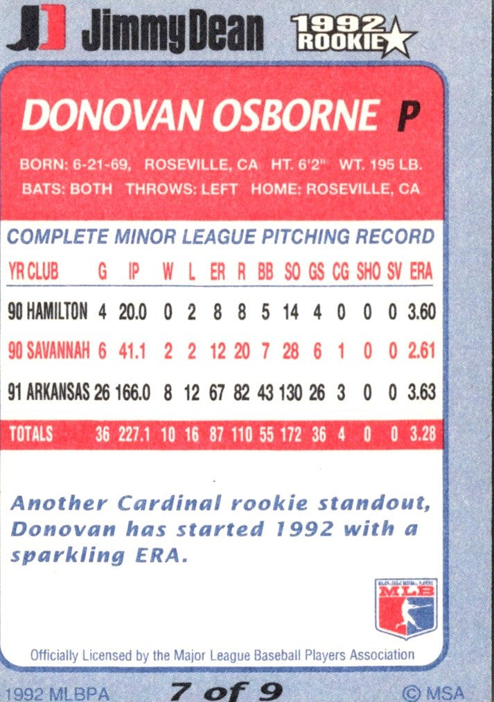1992 Jimmy Dean Rookie Stars Donovan Osborne