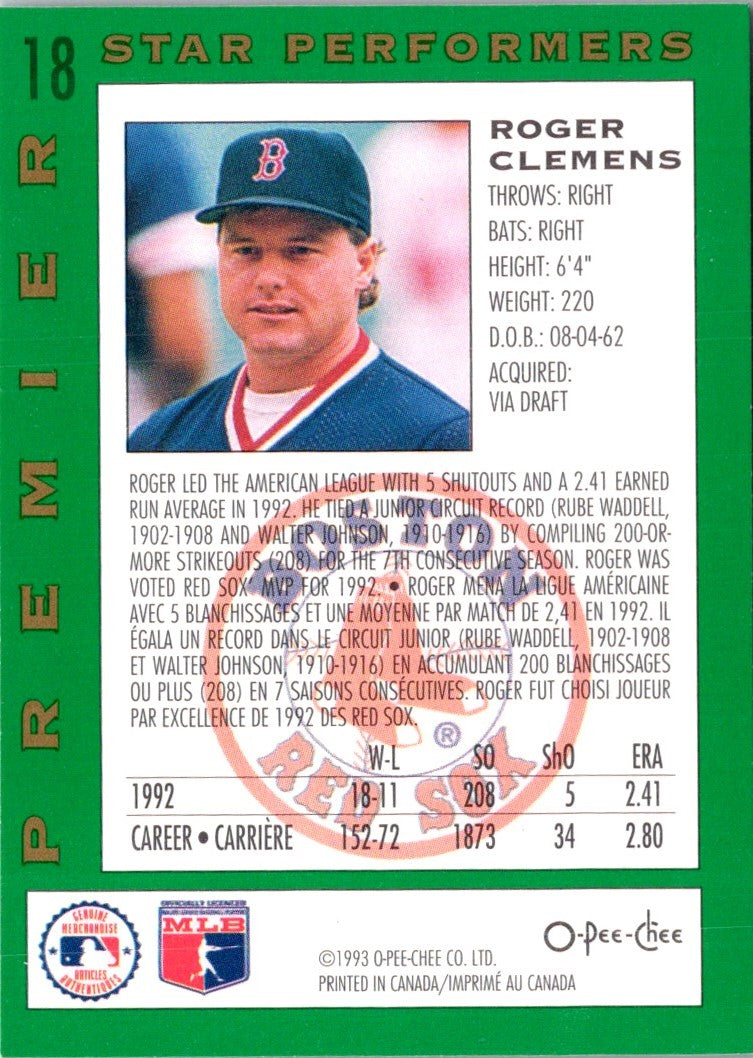 1993 O-Pee-Chee Premier Star Performers Roger Clemens