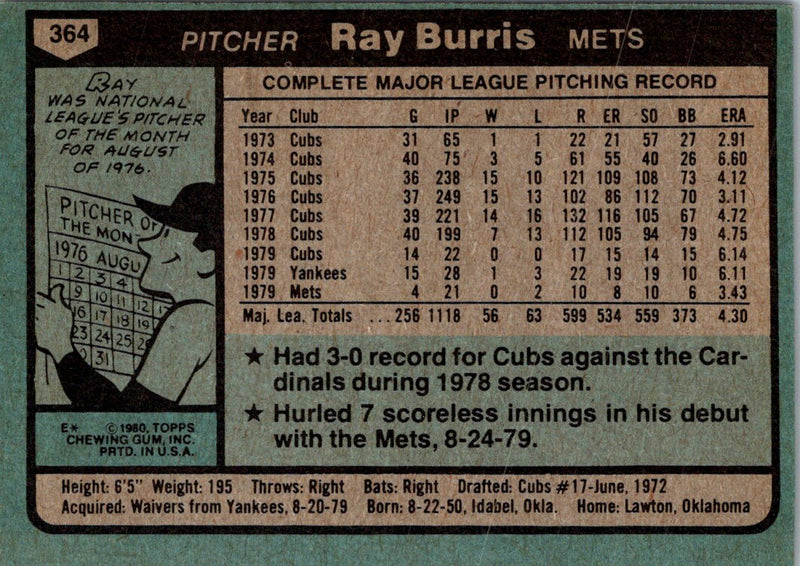 1980 Topps Ray Burris