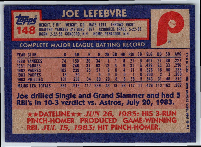 1984 Topps Joe Lefebvre