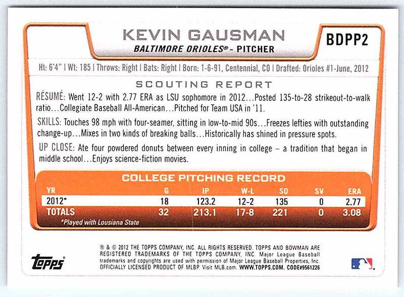 2012 Bowman Kevin Gausman