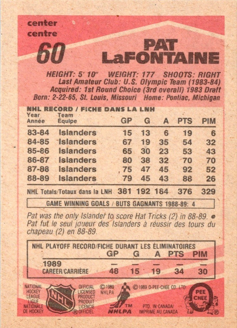 1989 O-Pee-Chee Pat LaFontaine