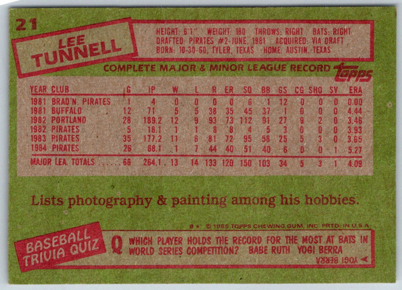 1985 Topps Lee Tunnell