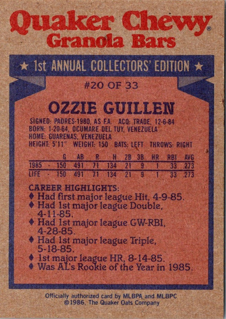 1986 Topps Quaker Granola Ozzie Guillen