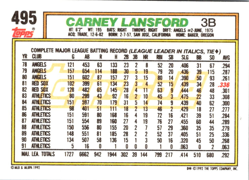 1992 Topps Carney Lansford