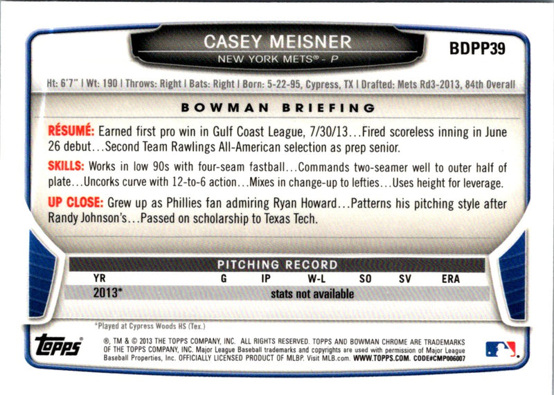 2013 Bowman Draft Picks & Prospects Chrome Casey Meisner