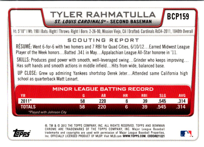 2012 Bowman Chrome Prospects Tyler Rahmatulla