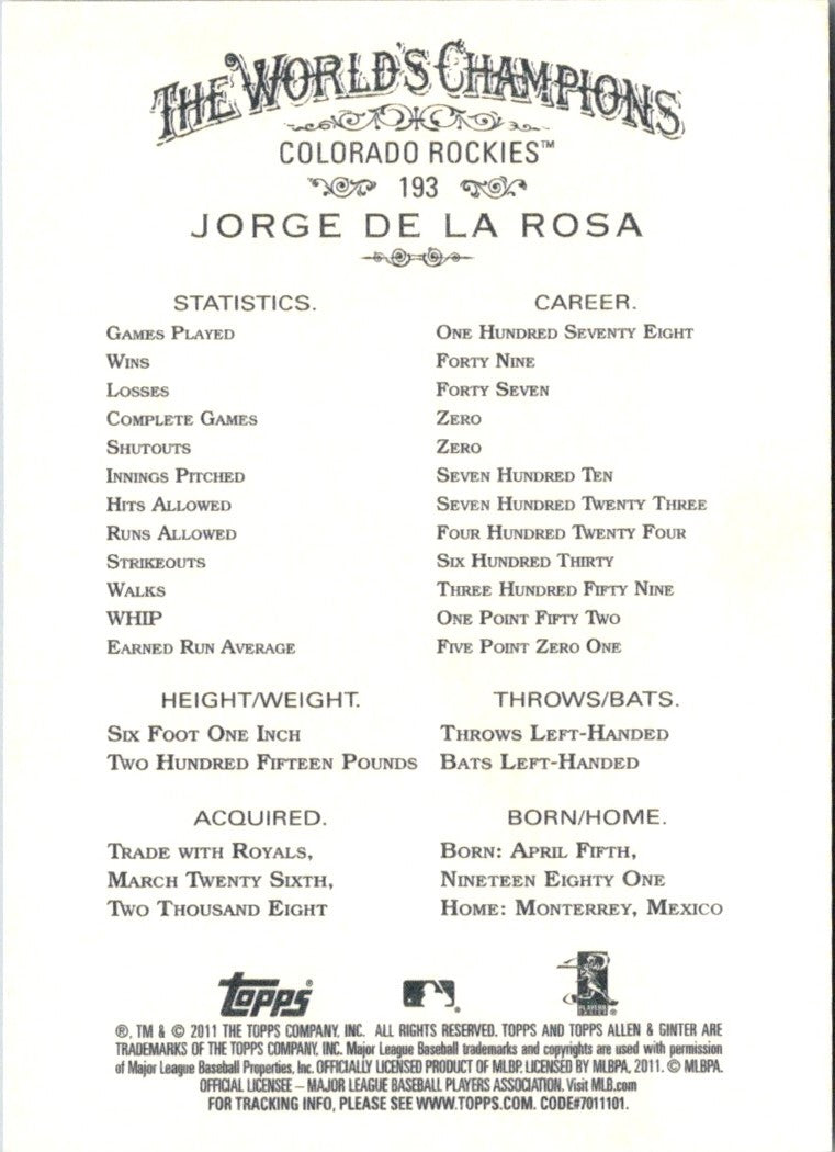 2011 Topps Allen & Ginter Jorge De La Rosa