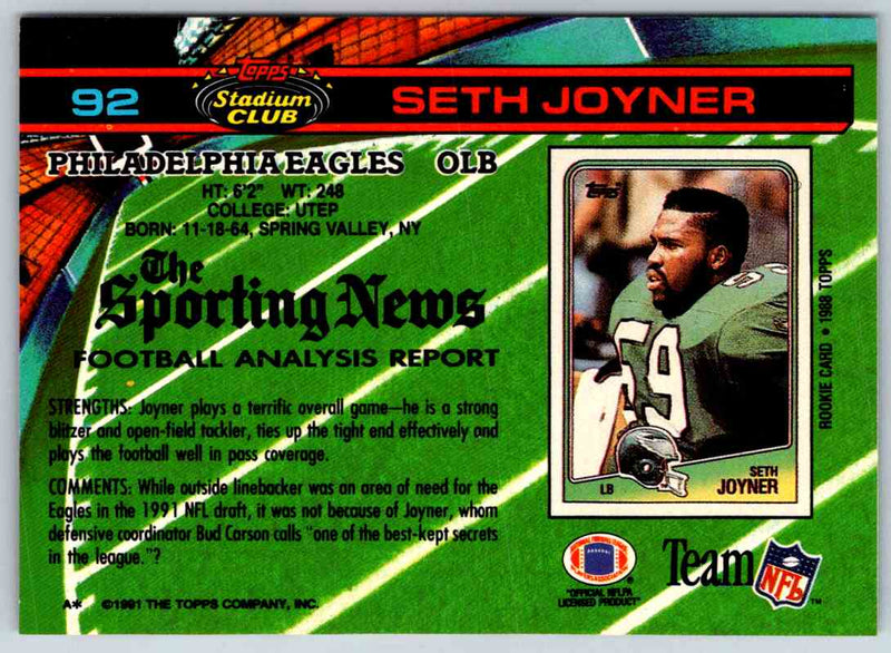 1991 Topps Stadium Club Football Seth Joyner