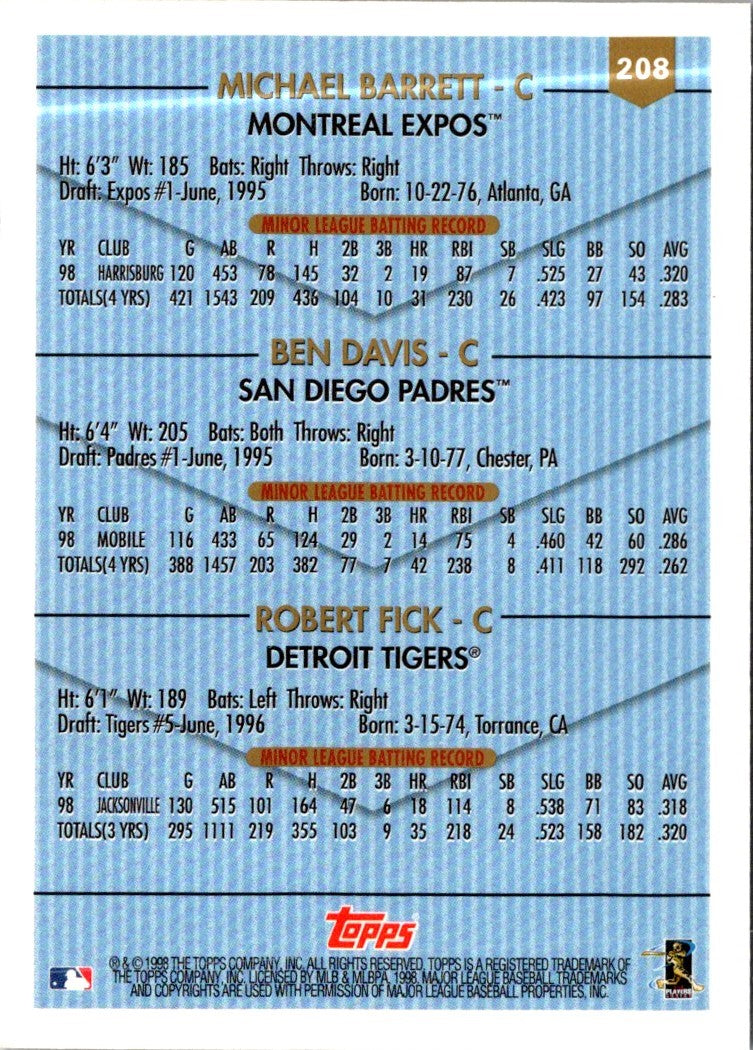 1999 Topps Michael Barrett/Ben Davis/Robert Fick