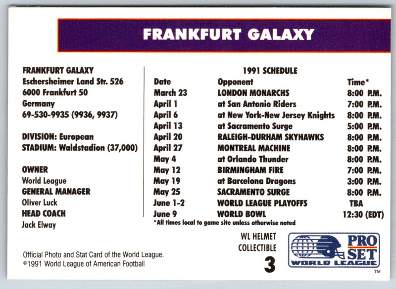 1991 Pro Set WLAF Helmets Frankfurt Galaxy