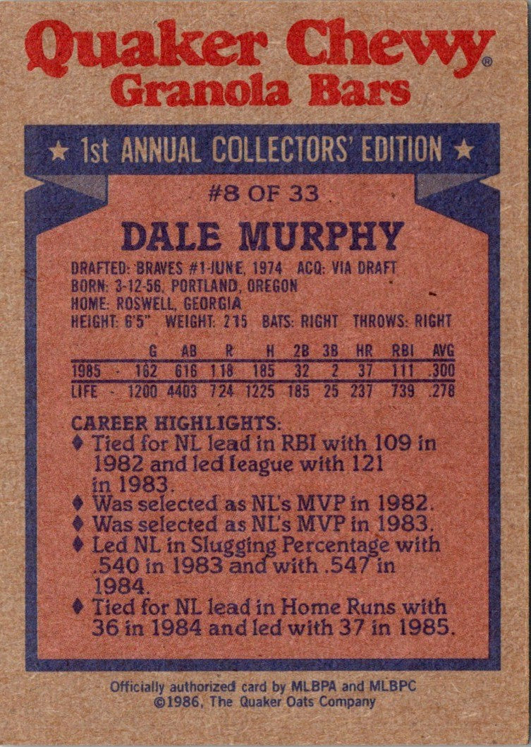 1986 Topps Quaker Granola Dale Murphy