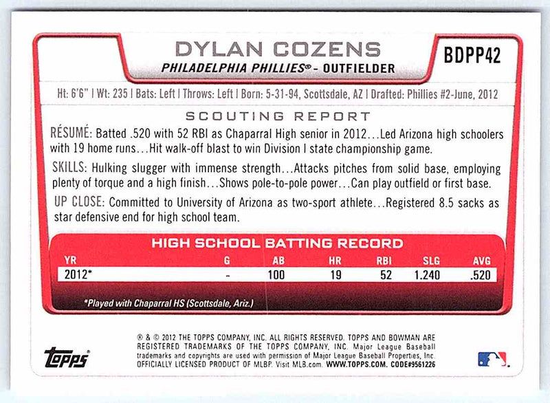 2012 Bowman Dylan Cozens