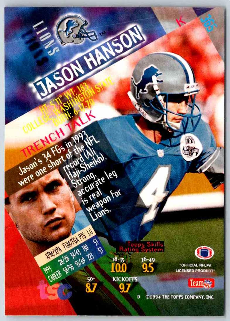 1994 Topps Stadium Club Football Jason Hanson