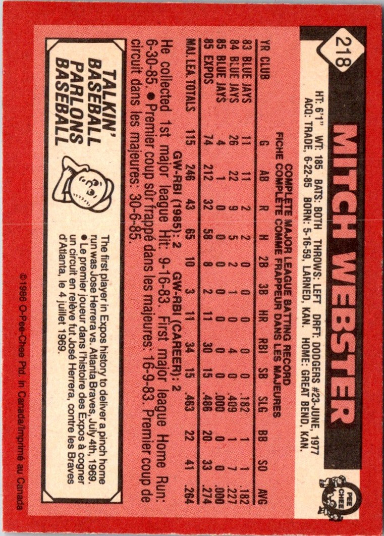 1986 O-Pee-Chee Mitch Webster