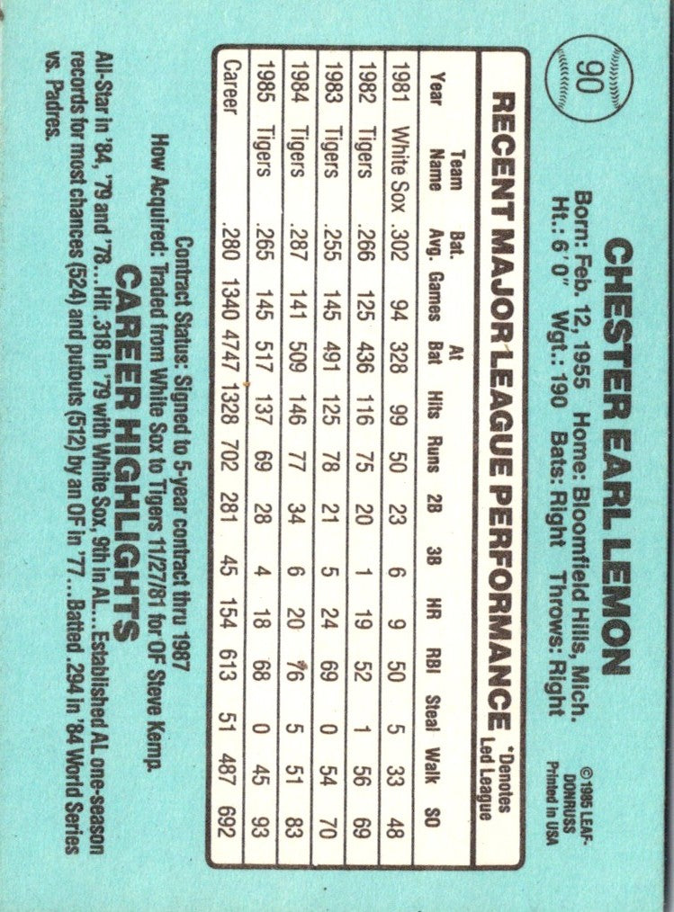 1985 Donruss Chet Lemon